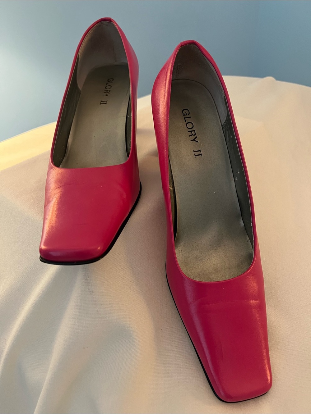 Pink Leather Square-Toe Heels
